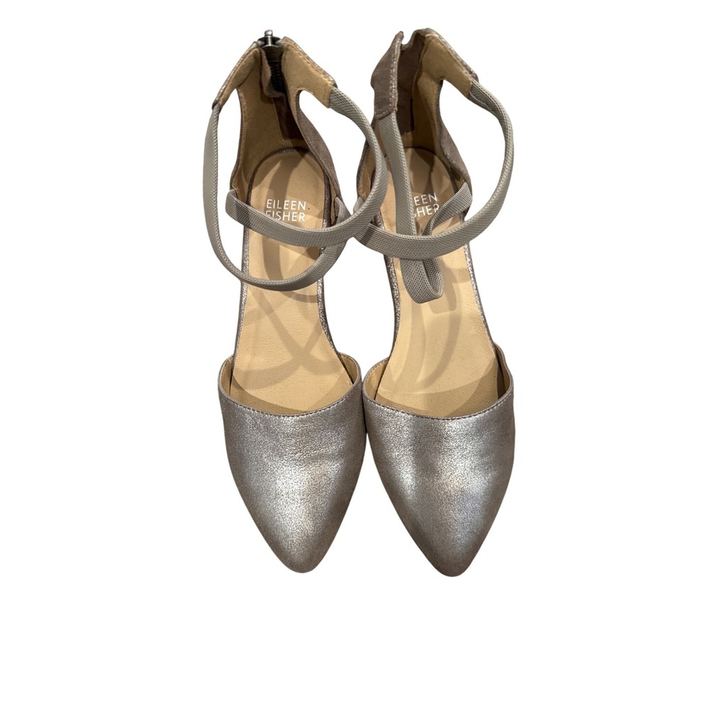 Eileen Fisher Metallic Silver‎ Pointed Toe Ankle Strap Heels Women Size 6.5